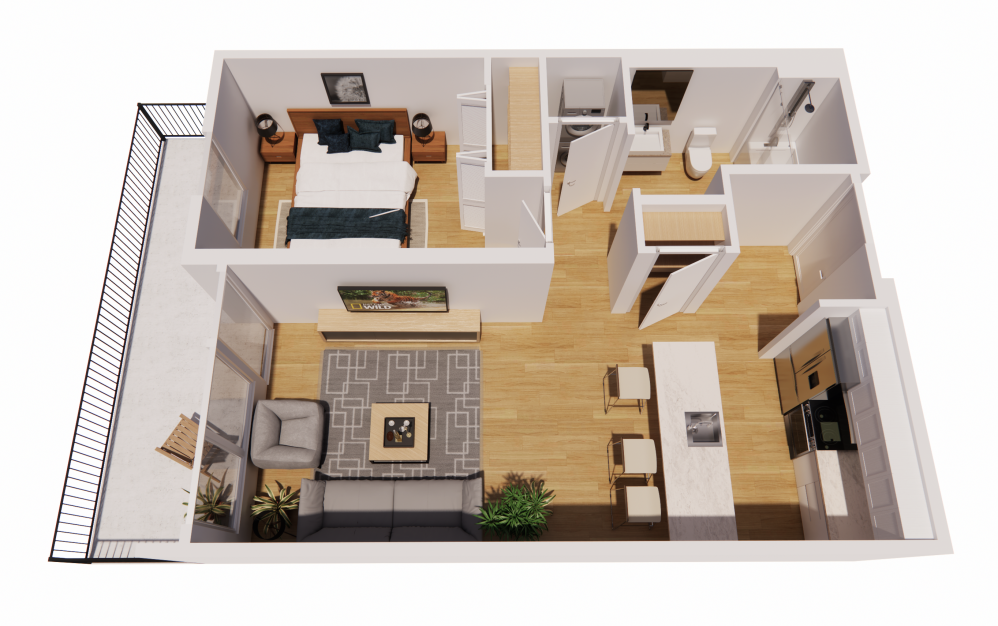 1 Bedroom-A Balcony - 1 bedroom floorplan layout with 1 bathroom and 737 square feet (3D)