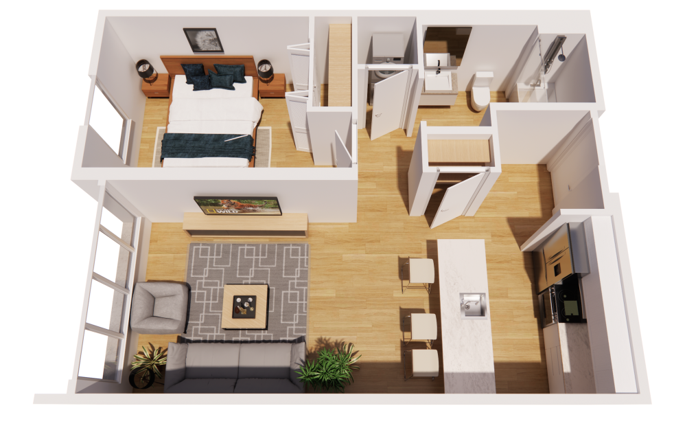 1 Bedroom-A - 1 bedroom floorplan layout with 1 bathroom and 737 square feet (3D)