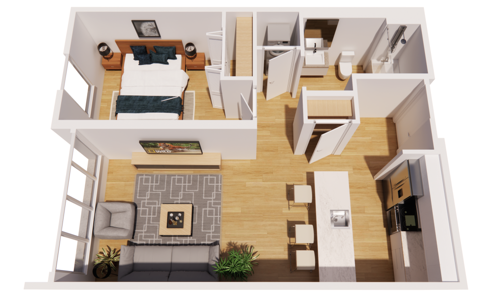 1 Bedroom-B - 1 bedroom floorplan layout with 1 bathroom and 765 square feet (3D)