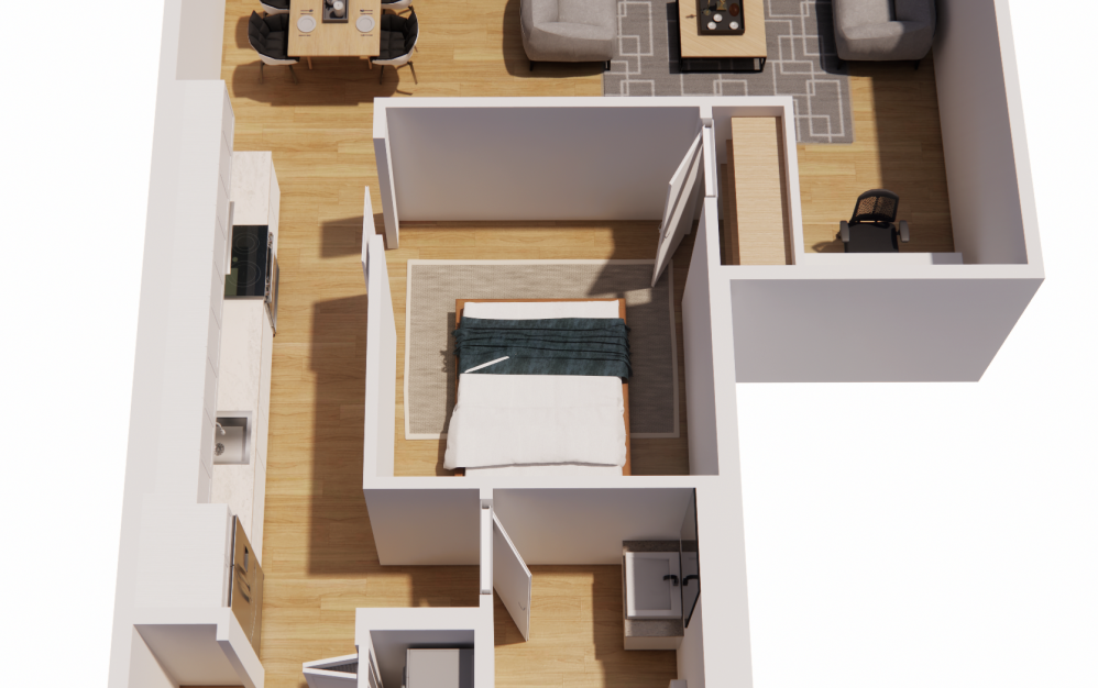 Urban 1 Bedroom-B - 1 bedroom floorplan layout with 1 bathroom and 800 square feet (3D)