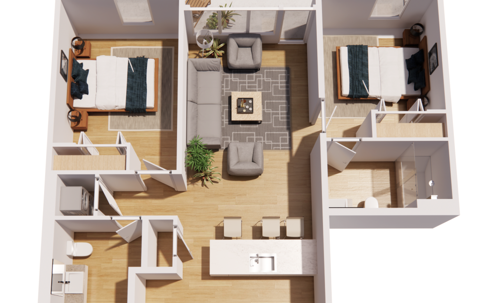 2 Bedroom-A Balcony - 2 bedroom floorplan layout with 2 bathrooms and 938 square feet (3D)