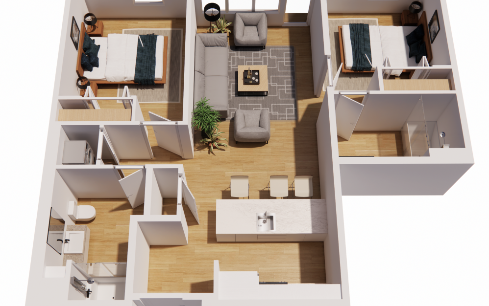 2 Bedroom-A - 2 bedroom floorplan layout with 2 bathrooms and 938 square feet (3D)