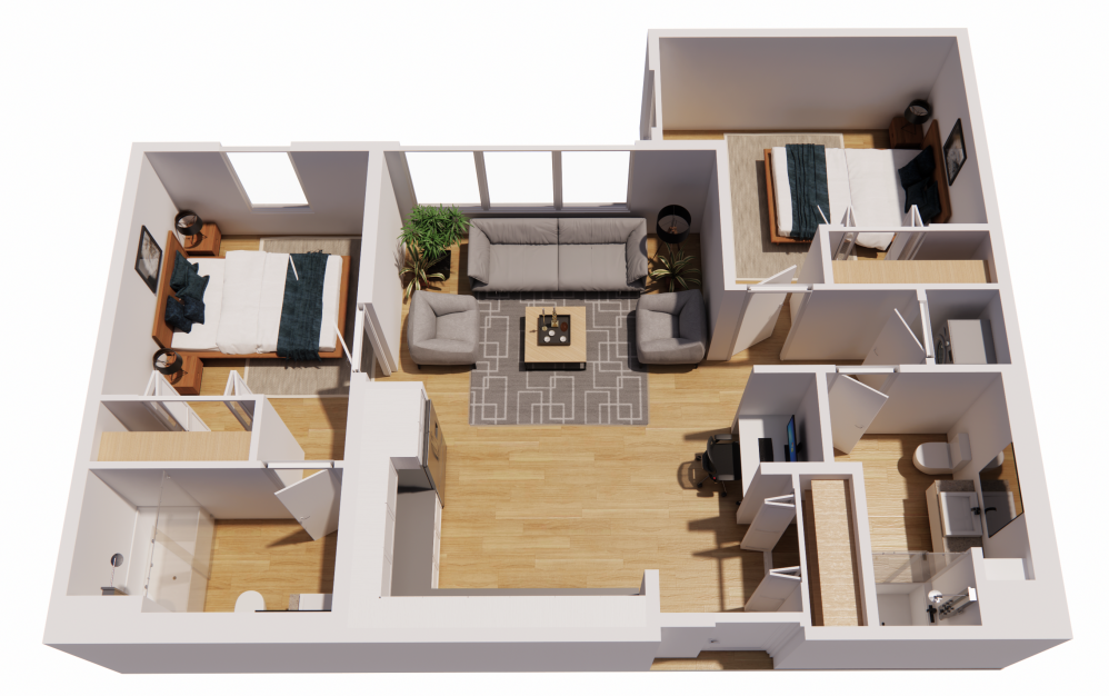 2 Bedroom-B - 2 bedroom floorplan layout with 2 bathrooms and 950 square feet (3D)