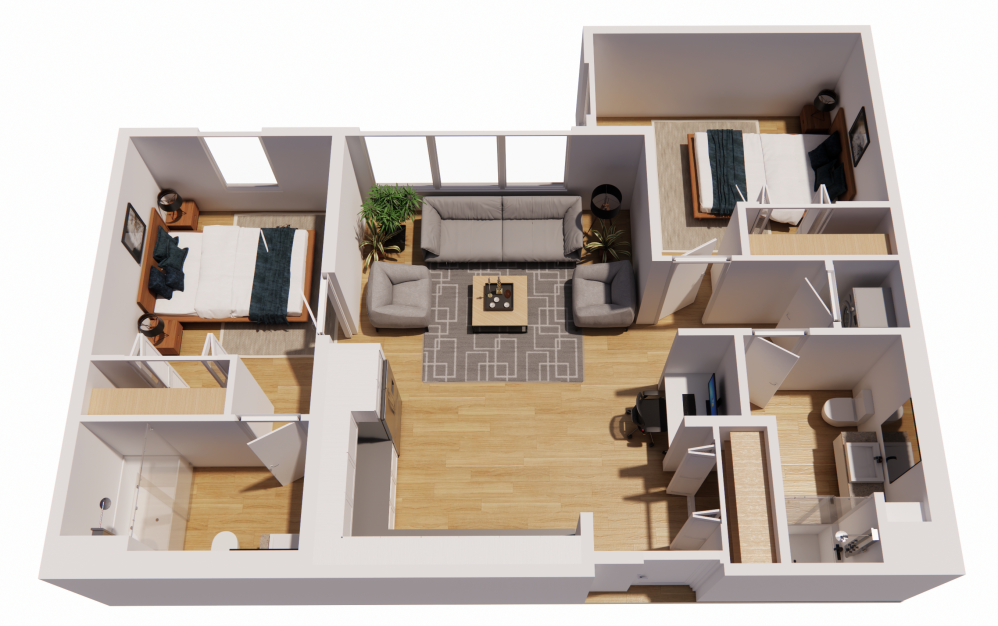 2 Bedroom-B ADA - 2 bedroom floorplan layout with 2 bathrooms and 950 square feet (3D)