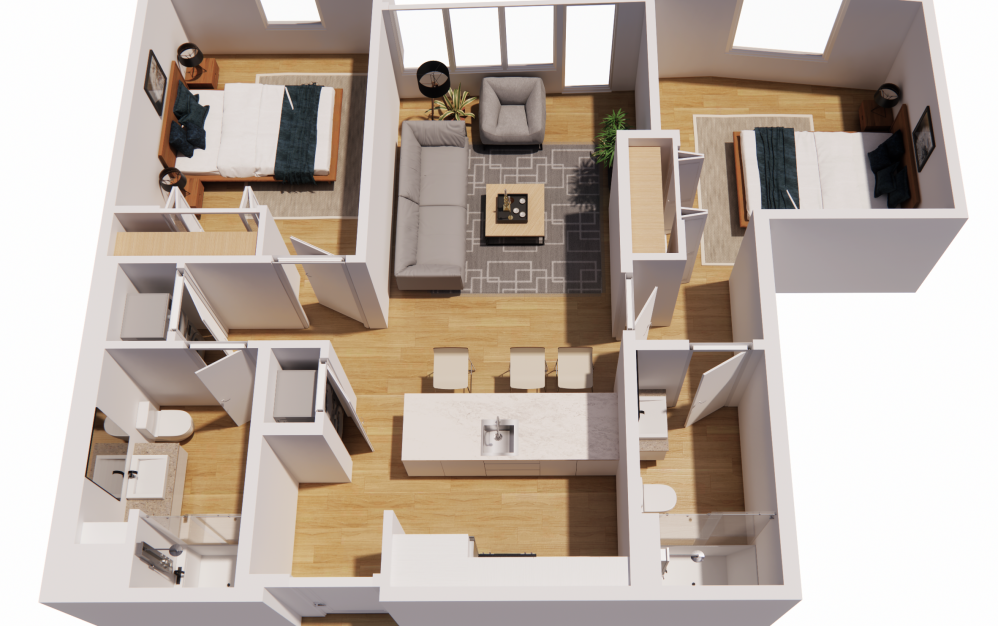 2 Bedroom-C - 2 bedroom floorplan layout with 2 bathrooms and 1055 square feet (3D)