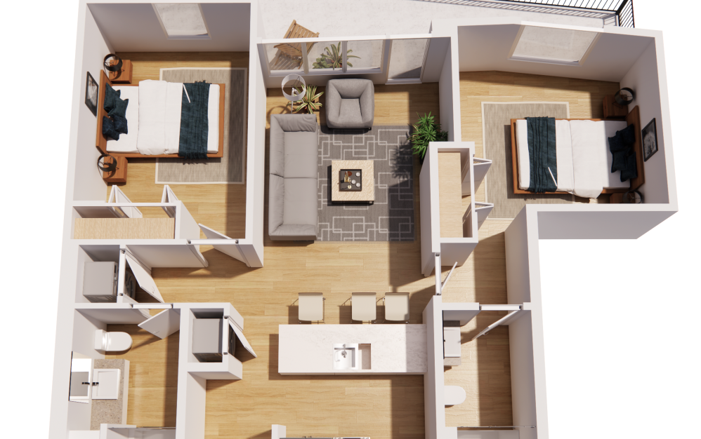 2 Bedroom-C Balcony - 2 bedroom floorplan layout with 2 bathrooms and 1055 square feet (3D)