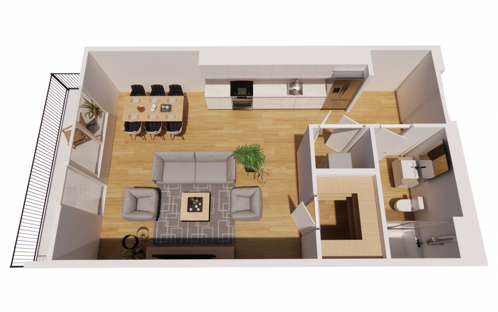 Studio-A Balcony - Studio floorplan layout with 1 bathroom and 584 square feet (3D)