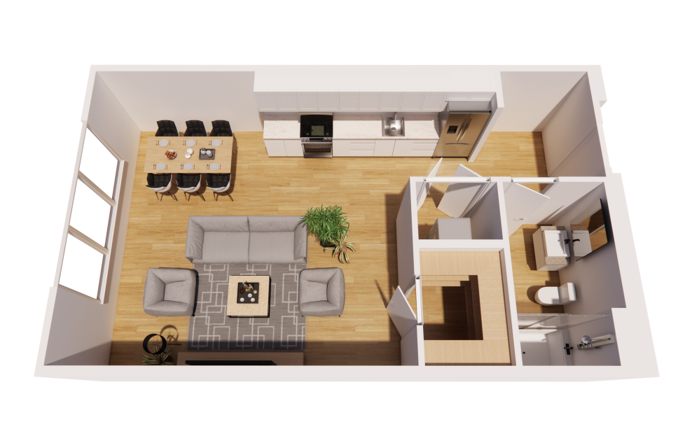 Studio-A - Studio floorplan layout with 1 bathroom and 584 square feet (3D)